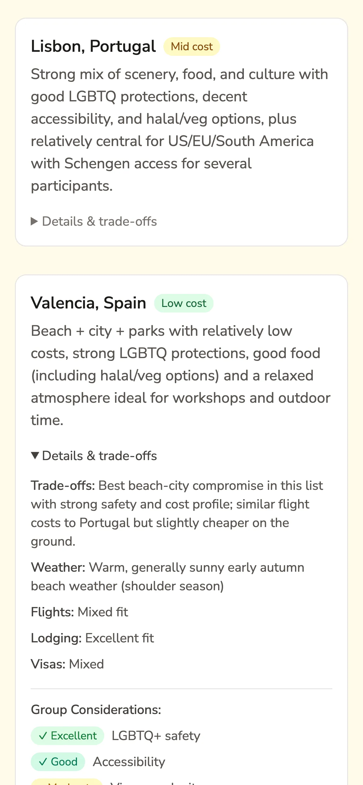Gatherlight AI location recommendations showing group fit analysis