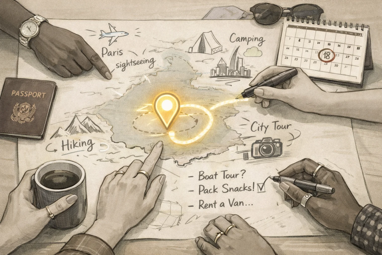 Diverse hands planning a trip together over a map with calendar, passport, and travel notes